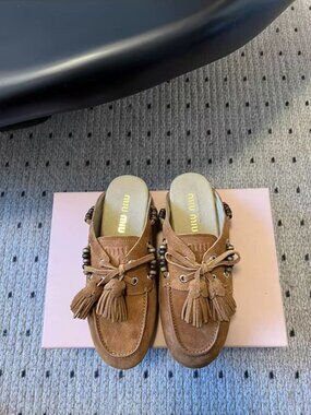 MIU MIU Brown Suede Bow Tassel Flat Mule Shoes